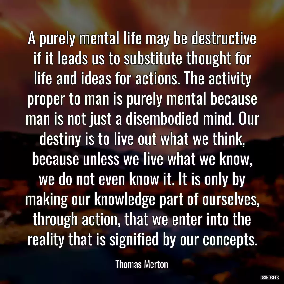 A purely mental life may be destructive if it leads us to substitute thought for life and ideas for actions. The activity proper to man is purely mental because man is not just a disembodied mind. Our destiny is to live out what we think, because unless we live what we know, we do not even know it. It is only by making our knowledge part of ourselves, through action, that we enter into the reality that is signified by our concepts.