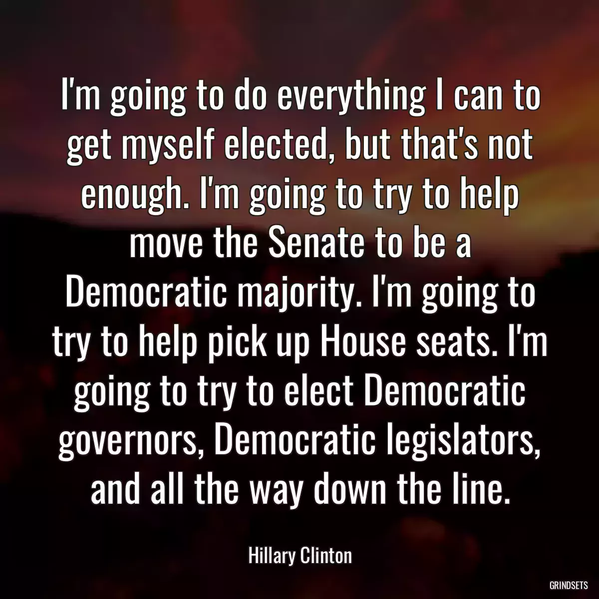 I\'m going to do everything I can to get myself elected, but that\'s not enough. I\'m going to try to help move the Senate to be a Democratic majority. I\'m going to try to help pick up House seats. I\'m going to try to elect Democratic governors, Democratic legislators, and all the way down the line.