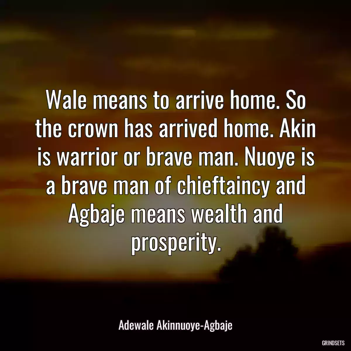 Wale means to arrive home. So the crown has arrived home. Akin is warrior or brave man. Nuoye is a brave man of chieftaincy and Agbaje means wealth and prosperity.