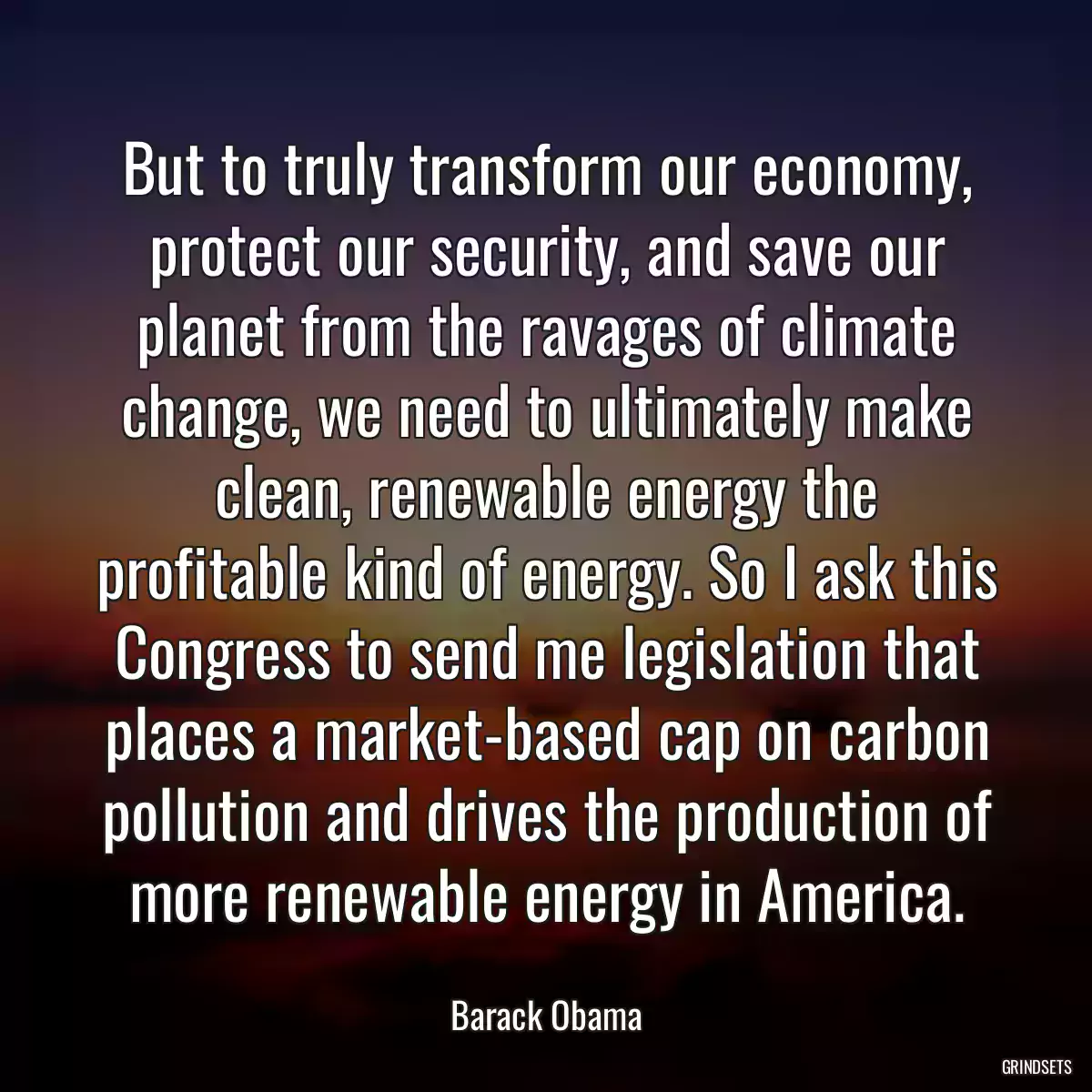 But to truly transform our economy, protect our security, and save our planet from the ravages of climate change, we need to ultimately make clean, renewable energy the profitable kind of energy. So I ask this Congress to send me legislation that places a market-based cap on carbon pollution and drives the production of more renewable energy in America.