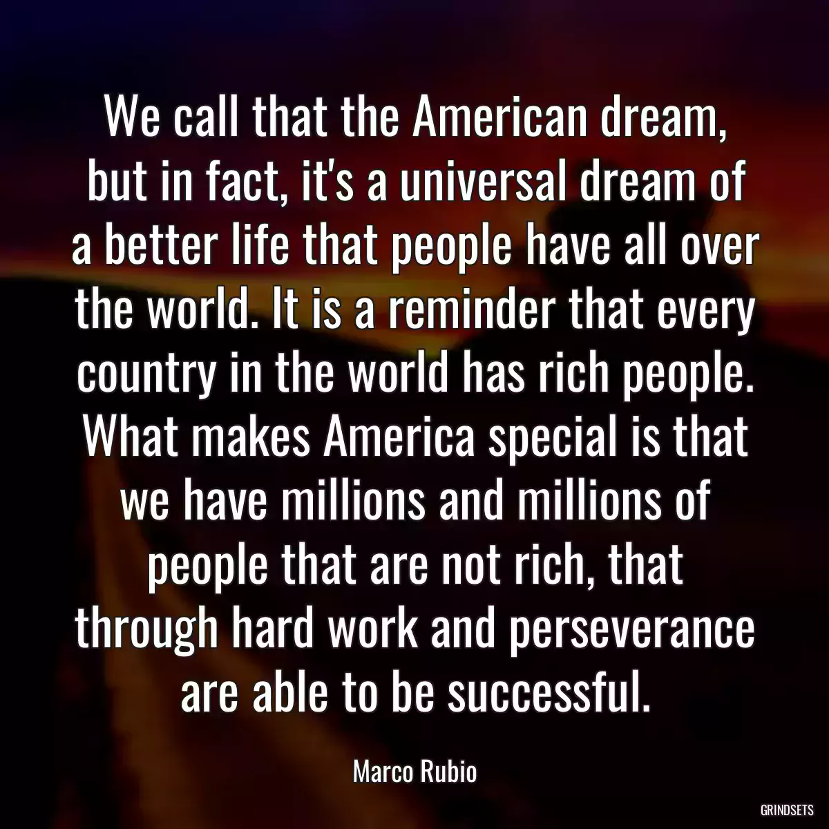 We call that the American dream, but in fact, it\'s a universal dream of a better life that people have all over the world. It is a reminder that every country in the world has rich people. What makes America special is that we have millions and millions of people that are not rich, that through hard work and perseverance are able to be successful.