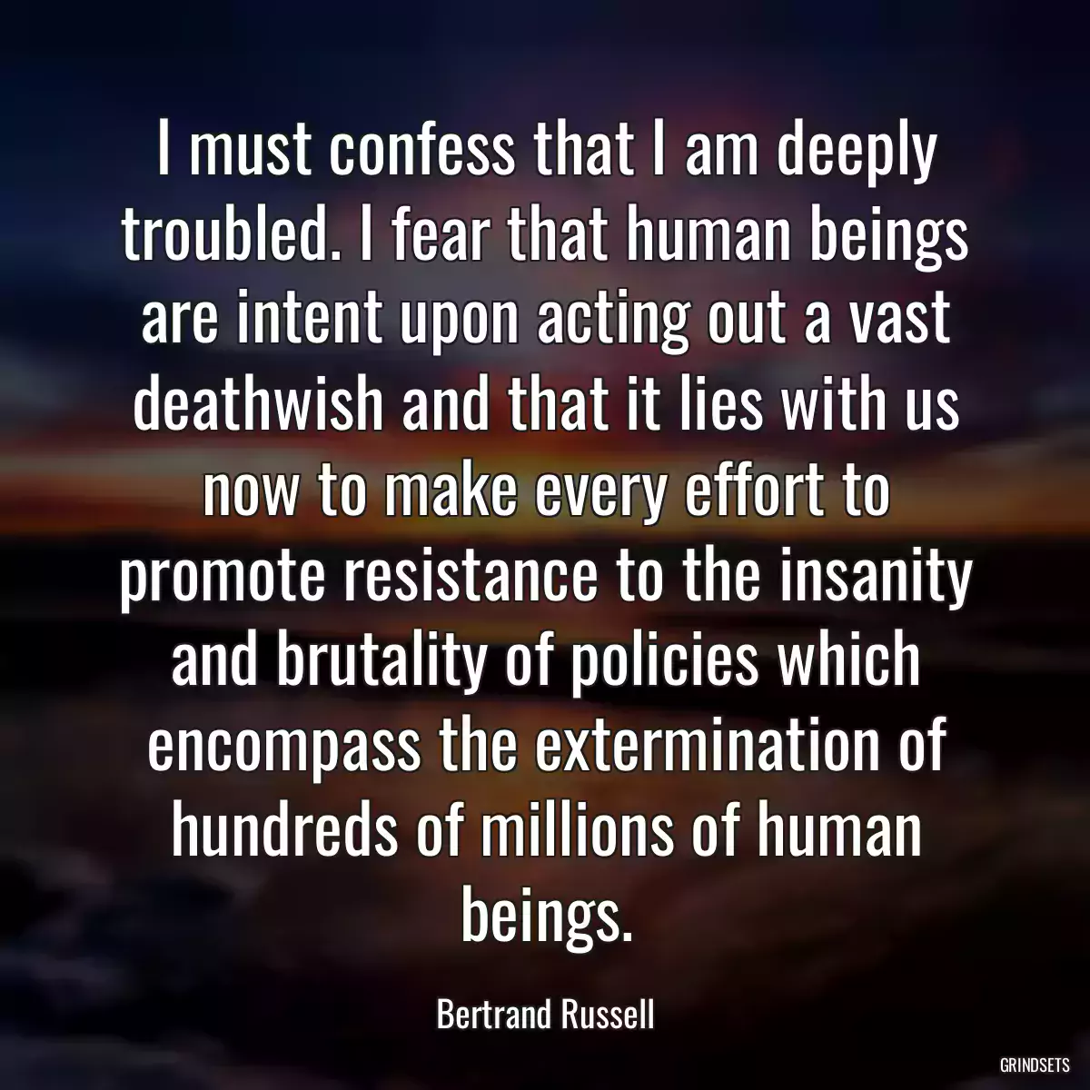 I must confess that I am deeply troubled. I fear that human beings are intent upon acting out a vast deathwish and that it lies with us now to make every effort to promote resistance to the insanity and brutality of policies which encompass the extermination of hundreds of millions of human beings.