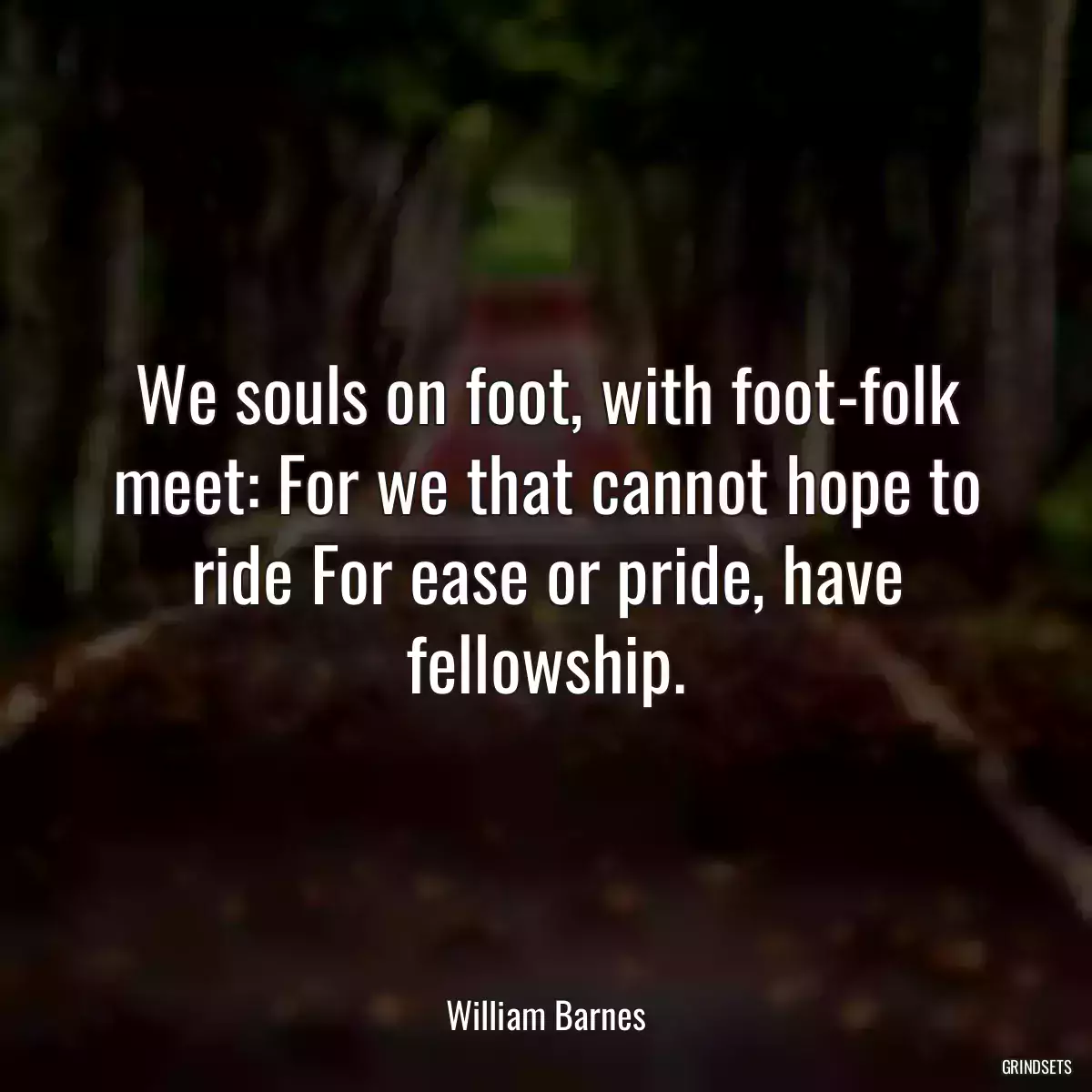 We souls on foot, with foot-folk meet: For we that cannot hope to ride For ease or pride, have fellowship.