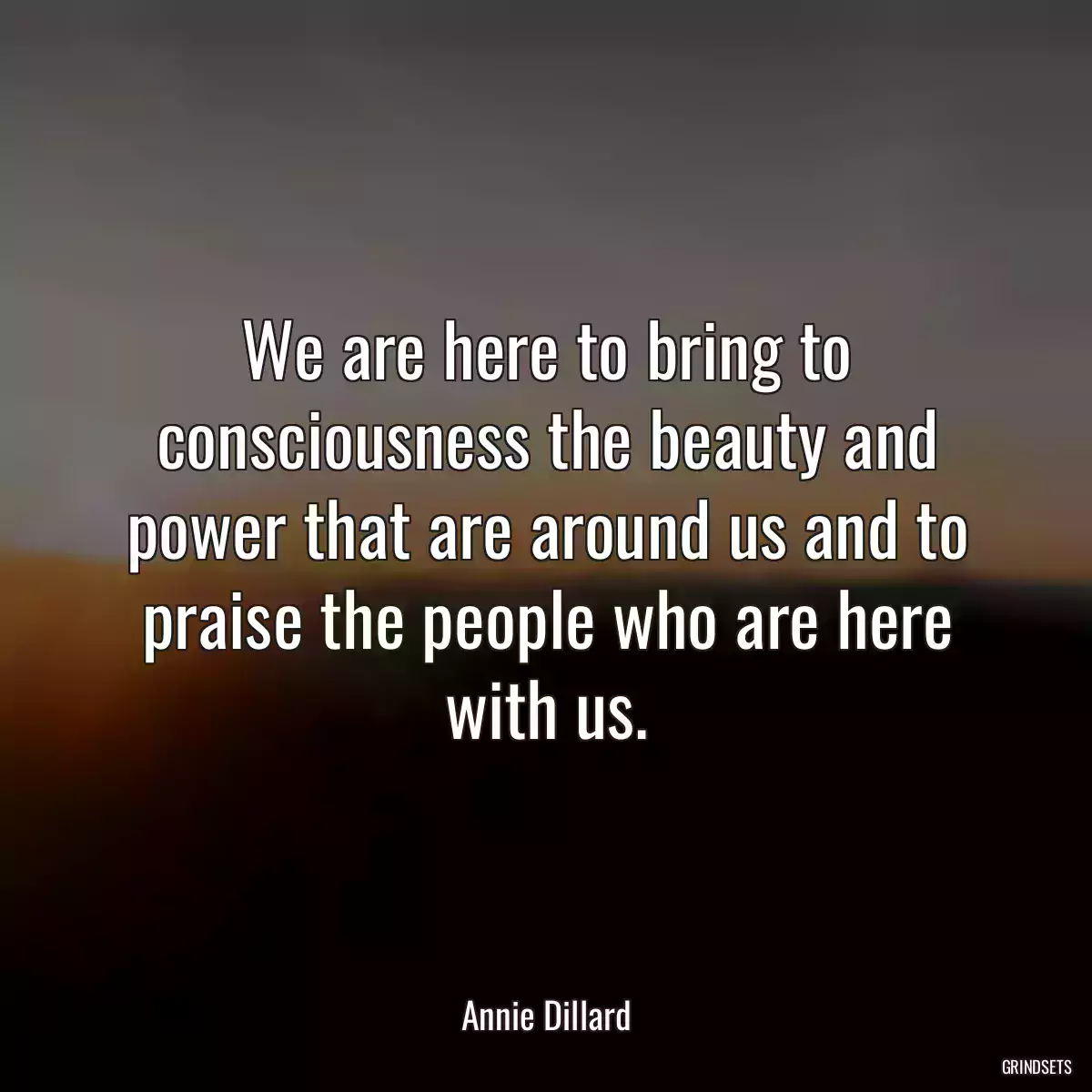 We are here to bring to consciousness the beauty and power that are around us and to praise the people who are here with us.