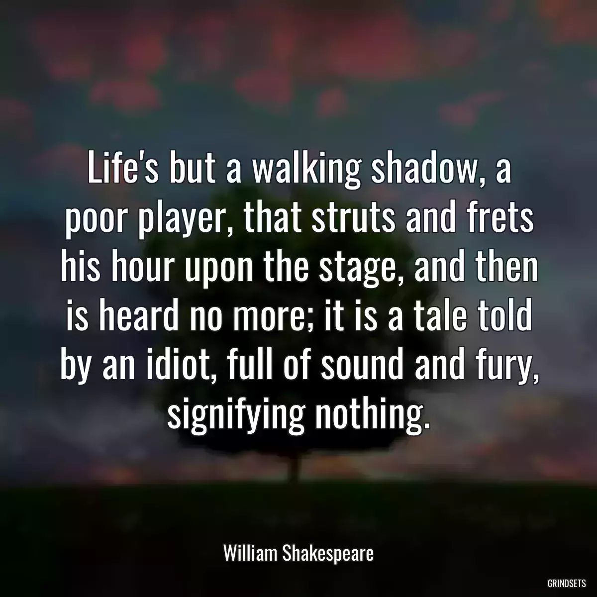 Life\'s but a walking shadow, a poor player, that struts and frets his hour upon the stage, and then is heard no more; it is a tale told by an idiot, full of sound and fury, signifying nothing.