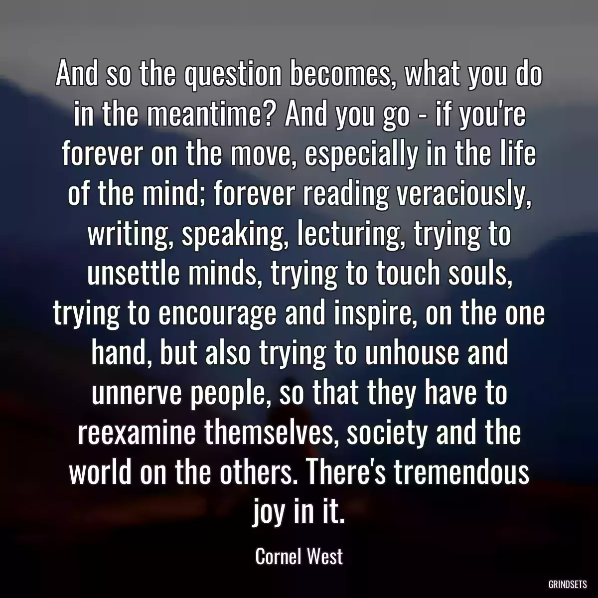 And so the question becomes, what you do in the meantime? And you go - if you\'re forever on the move, especially in the life of the mind; forever reading veraciously, writing, speaking, lecturing, trying to unsettle minds, trying to touch souls, trying to encourage and inspire, on the one hand, but also trying to unhouse and unnerve people, so that they have to reexamine themselves, society and the world on the others. There\'s tremendous joy in it.