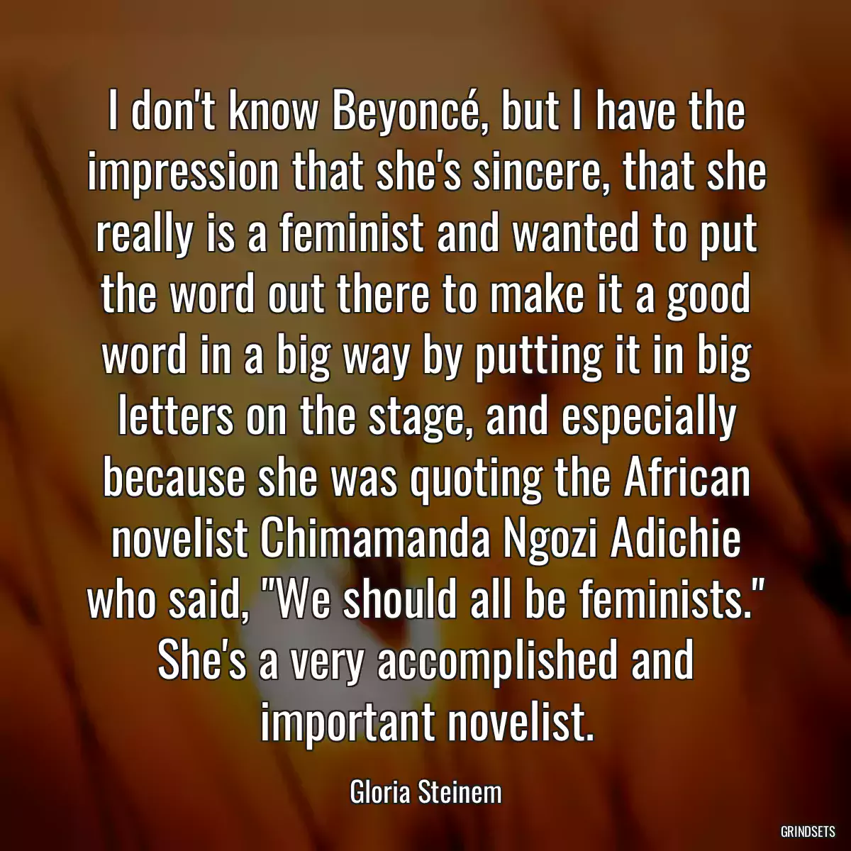 I don\'t know Beyoncé, but I have the impression that she\'s sincere, that she really is a feminist and wanted to put the word out there to make it a good word in a big way by putting it in big letters on the stage, and especially because she was quoting the African novelist Chimamanda Ngozi Adichie who said, \