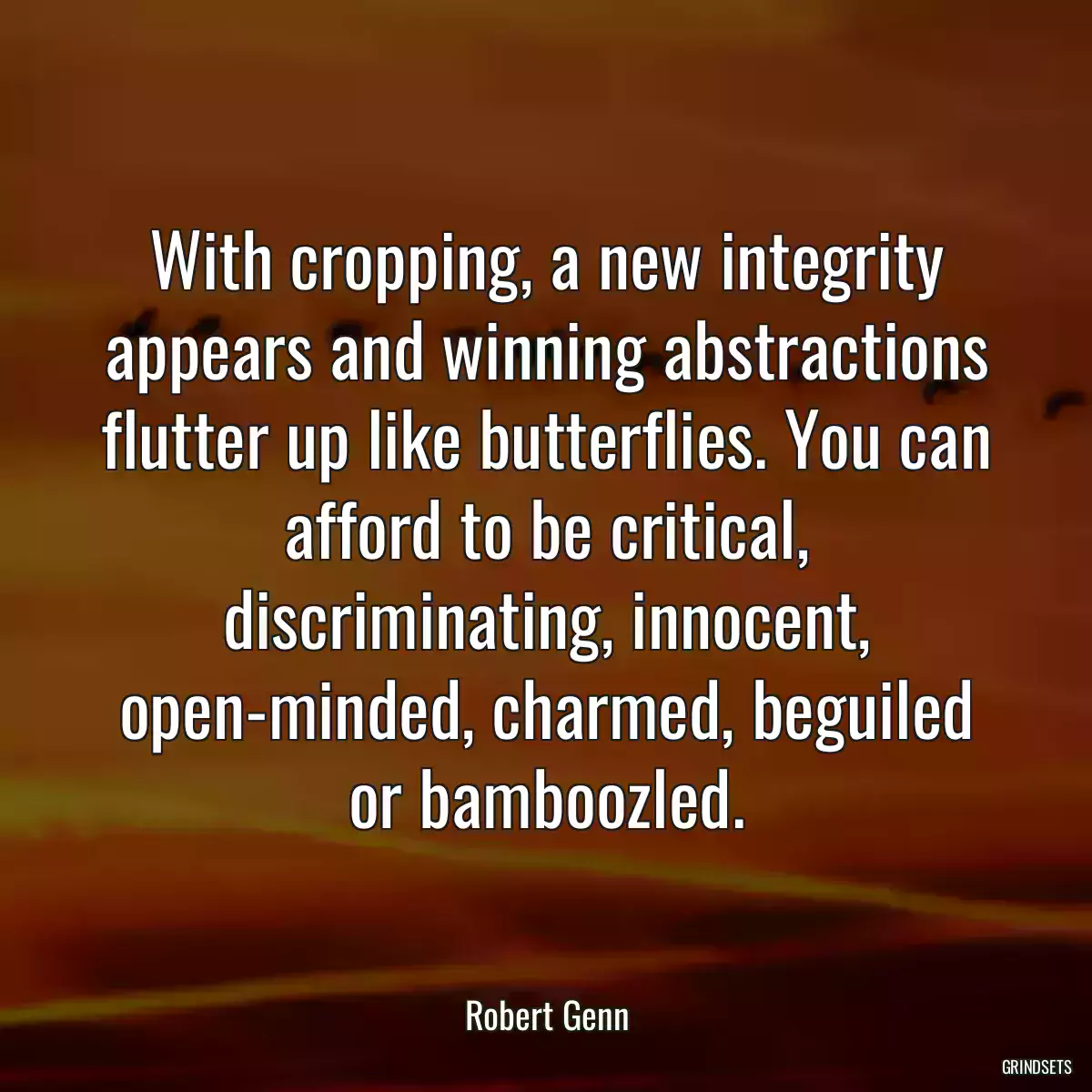 With cropping, a new integrity appears and winning abstractions flutter up like butterflies. You can afford to be critical, discriminating, innocent, open-minded, charmed, beguiled or bamboozled.