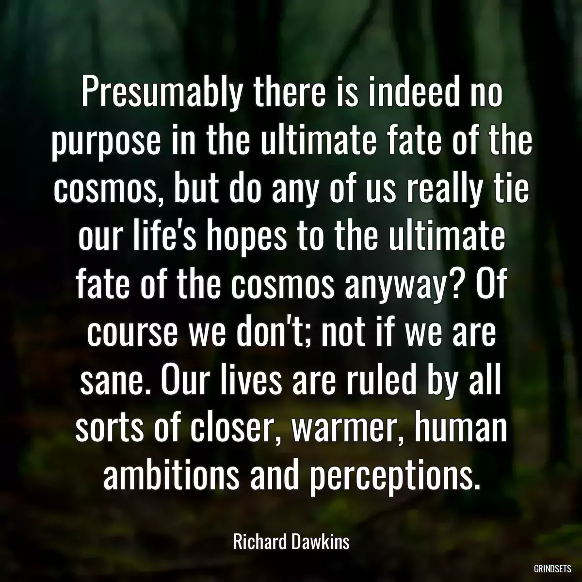 Presumably there is indeed no purpose in the ultimate fate of the cosmos, but do any of us really tie our life\'s hopes to the ultimate fate of the cosmos anyway? Of course we don\'t; not if we are sane. Our lives are ruled by all sorts of closer, warmer, human ambitions and perceptions.