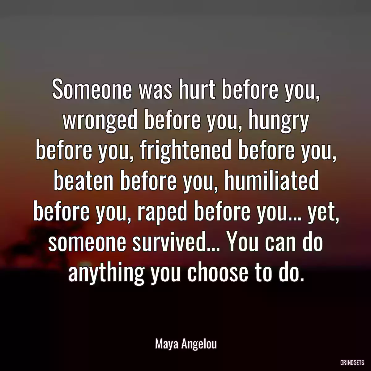 Someone was hurt before you, wronged before you, hungry before you, frightened before you, beaten before you, humiliated before you, raped before you... yet, someone survived... You can do anything you choose to do.