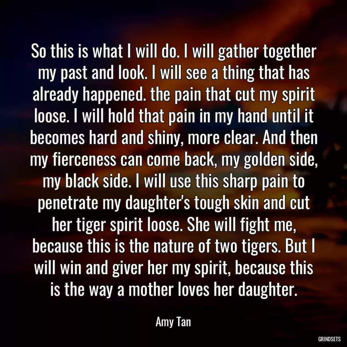 So this is what I will do. I will gather together my past and look. I will see a thing that has already happened. the pain that cut my spirit loose. I will hold that pain in my hand until it becomes hard and shiny, more clear. And then my fierceness can come back, my golden side, my black side. I will use this sharp pain to penetrate my daughter\'s tough skin and cut her tiger spirit loose. She will fight me, because this is the nature of two tigers. But I will win and giver her my spirit, because this is the way a mother loves her daughter.