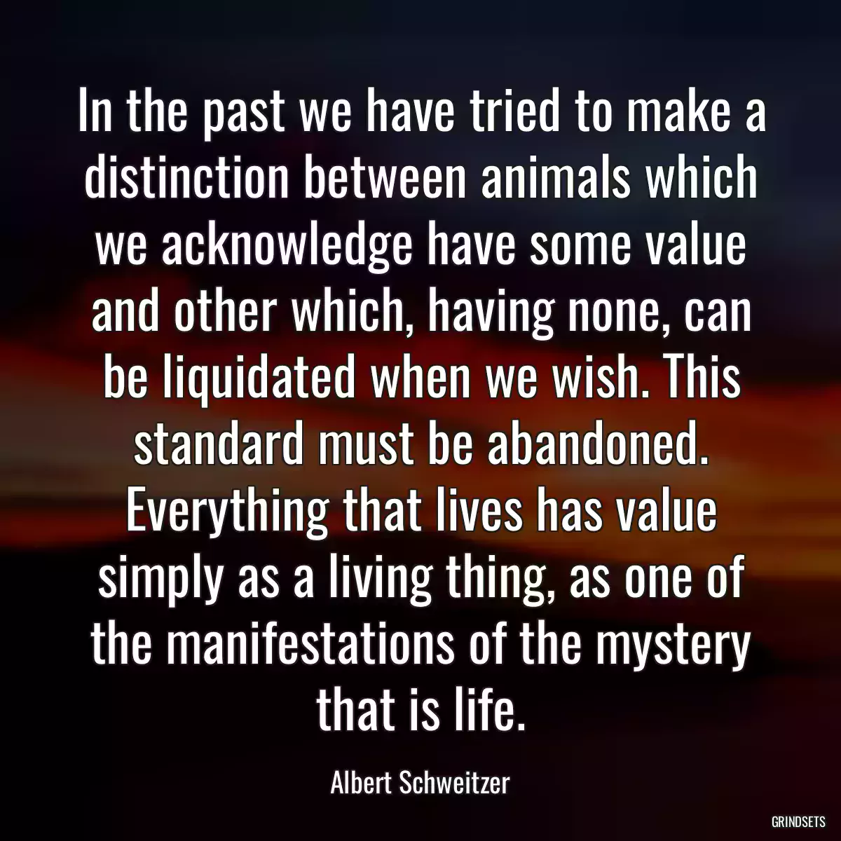 In the past we have tried to make a distinction between animals which we acknowledge have some value and other which, having none, can be liquidated when we wish. This standard must be abandoned. Everything that lives has value simply as a living thing, as one of the manifestations of the mystery that is life.
