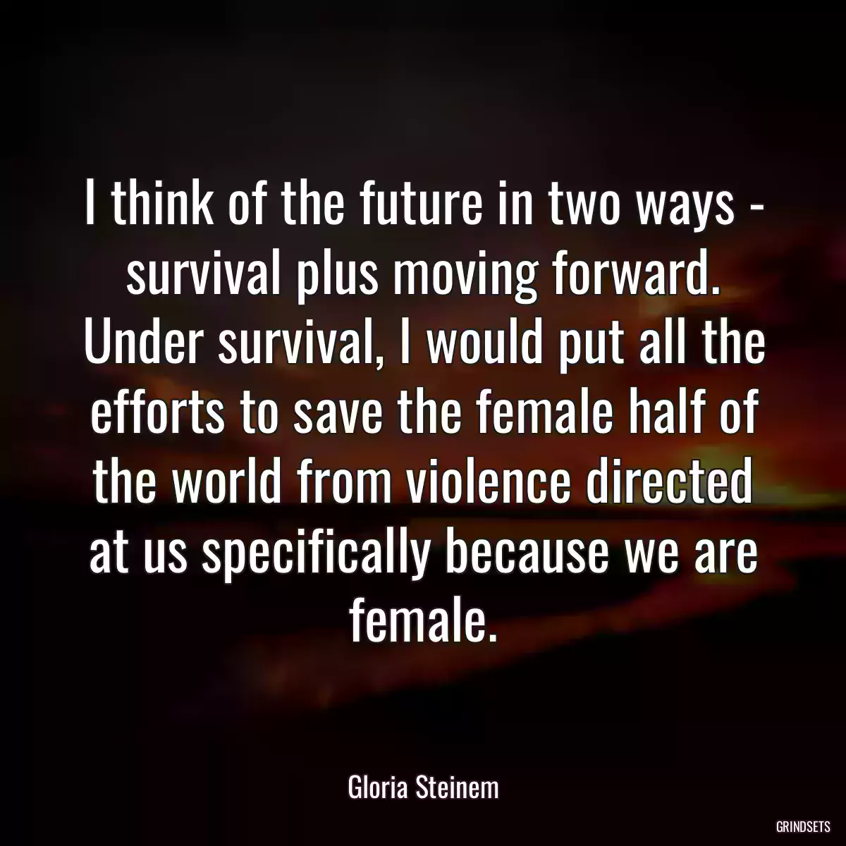 I think of the future in two ways - survival plus moving forward. Under survival, I would put all the efforts to save the female half of the world from violence directed at us specifically because we are female.