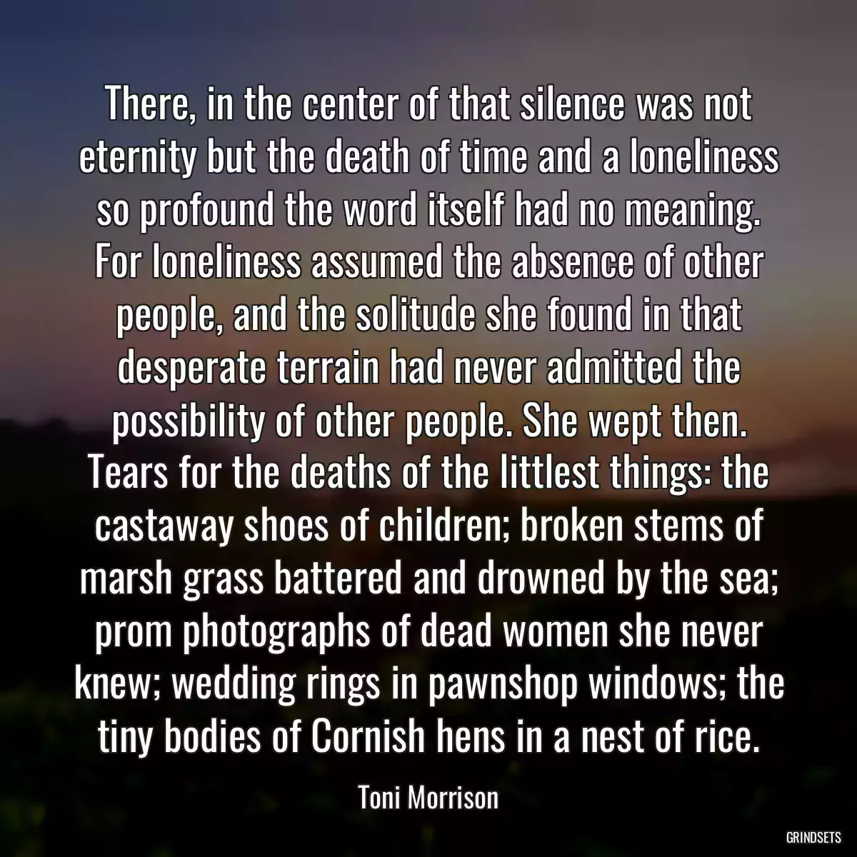 There, in the center of that silence was not eternity but the death of time and a loneliness so profound the word itself had no meaning. For loneliness assumed the absence of other people, and the solitude she found in that desperate terrain had never admitted the possibility of other people. She wept then. Tears for the deaths of the littlest things: the castaway shoes of children; broken stems of marsh grass battered and drowned by the sea; prom photographs of dead women she never knew; wedding rings in pawnshop windows; the tiny bodies of Cornish hens in a nest of rice.