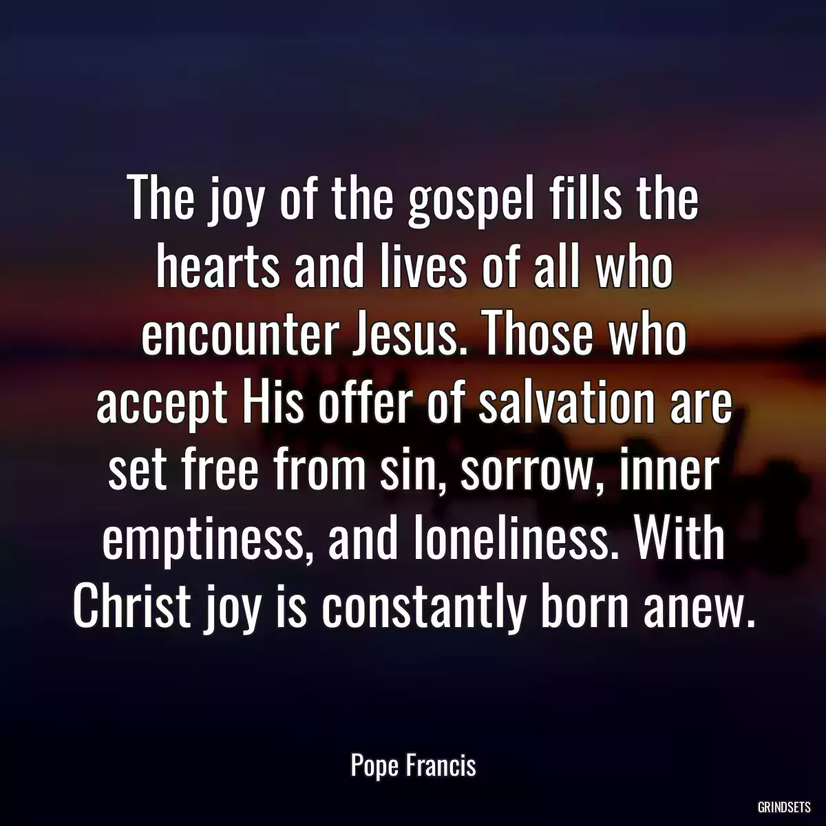 The joy of the gospel fills the hearts and lives of all who encounter Jesus. Those who accept His offer of salvation are set free from sin, sorrow, inner emptiness, and loneliness. With Christ joy is constantly born anew.