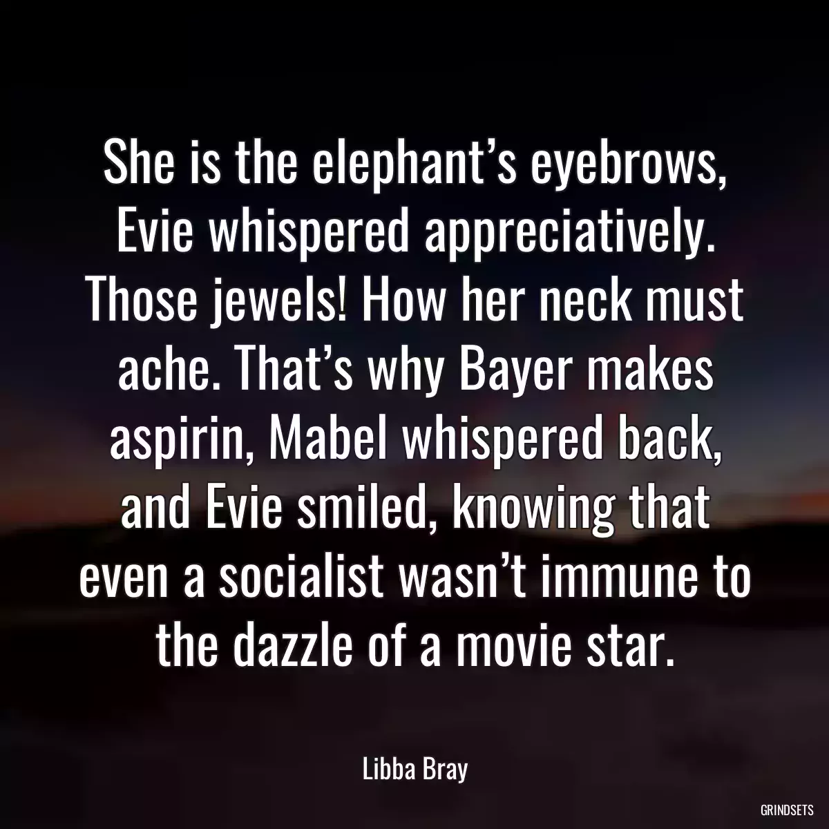 She is the elephant’s eyebrows, Evie whispered appreciatively. Those jewels! How her neck must ache. That’s why Bayer makes aspirin, Mabel whispered back, and Evie smiled, knowing that even a socialist wasn’t immune to the dazzle of a movie star.