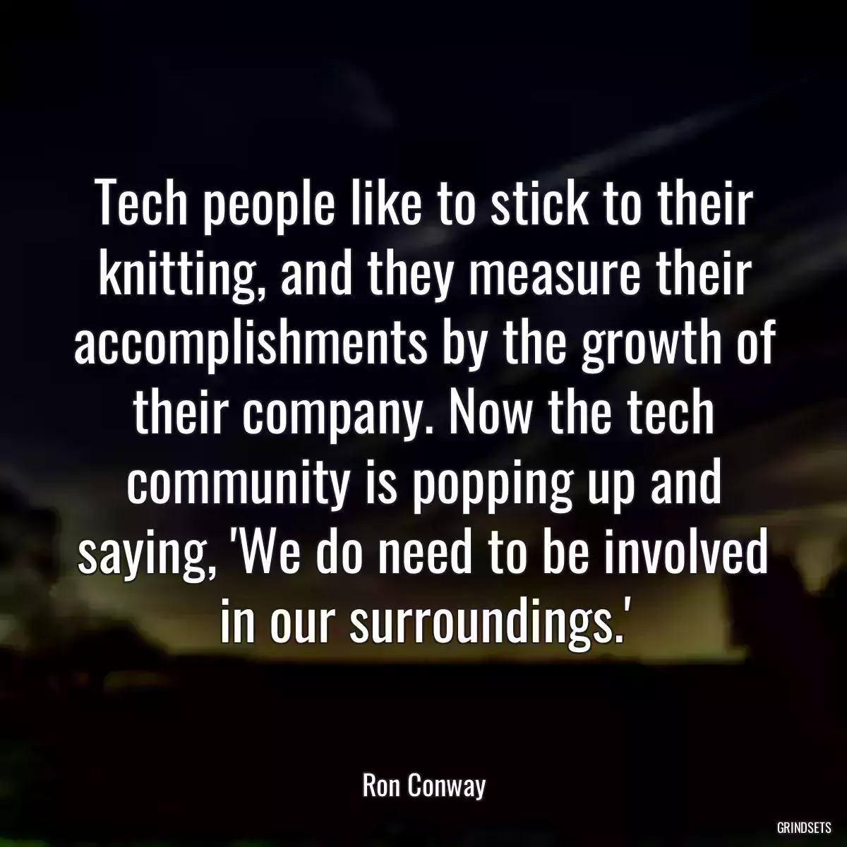 Tech people like to stick to their knitting, and they measure their accomplishments by the growth of their company. Now the tech community is popping up and saying, \'We do need to be involved in our surroundings.\'