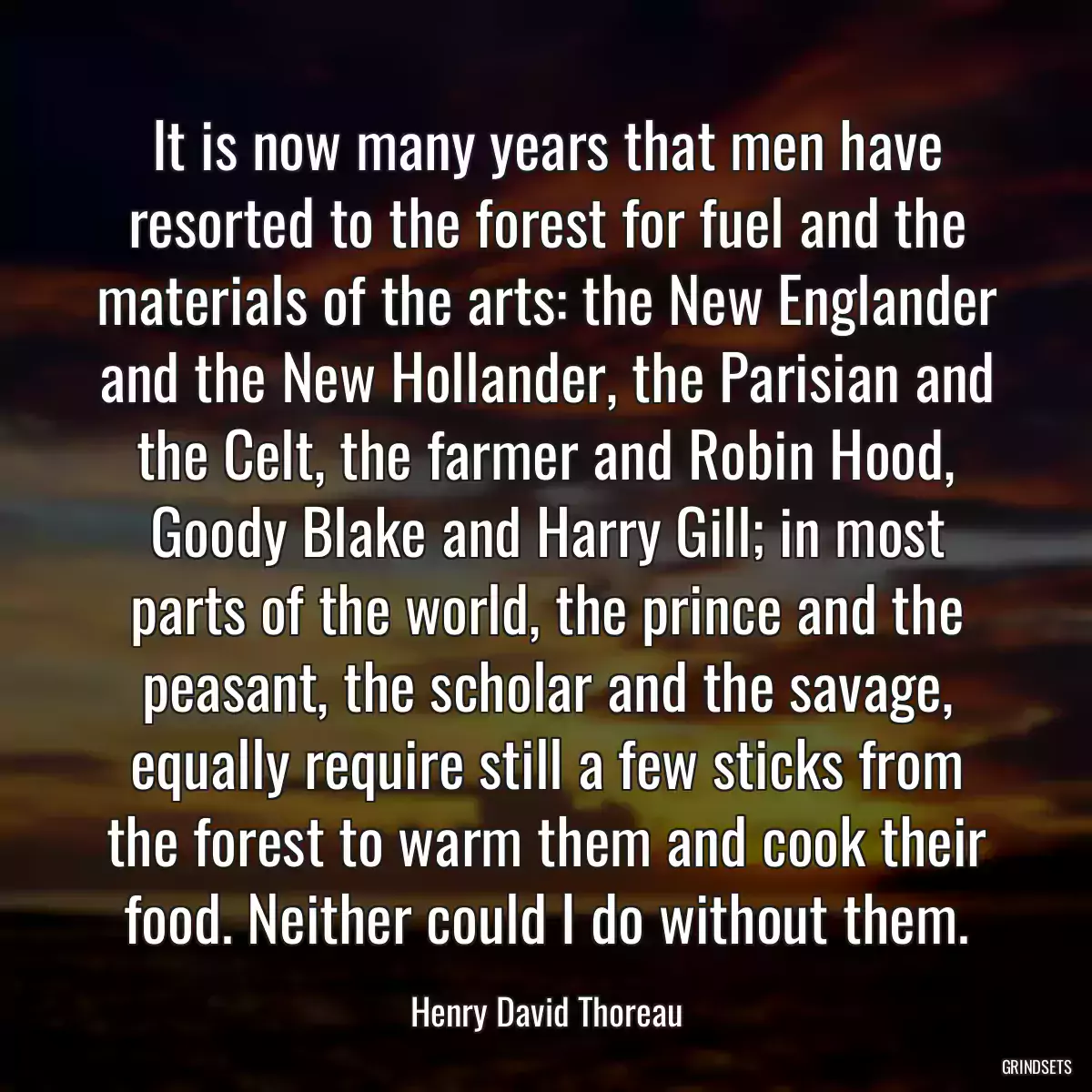 It is now many years that men have resorted to the forest for fuel and the materials of the arts: the New Englander and the New Hollander, the Parisian and the Celt, the farmer and Robin Hood, Goody Blake and Harry Gill; in most parts of the world, the prince and the peasant, the scholar and the savage, equally require still a few sticks from the forest to warm them and cook their food. Neither could I do without them.