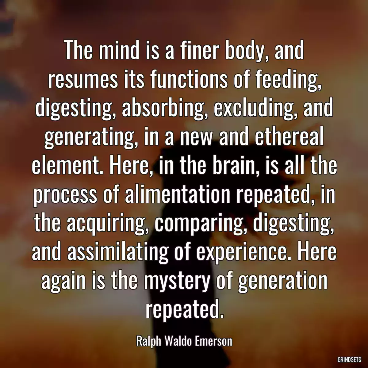 The mind is a finer body, and resumes its functions of feeding, digesting, absorbing, excluding, and generating, in a new and ethereal element. Here, in the brain, is all the process of alimentation repeated, in the acquiring, comparing, digesting, and assimilating of experience. Here again is the mystery of generation repeated.