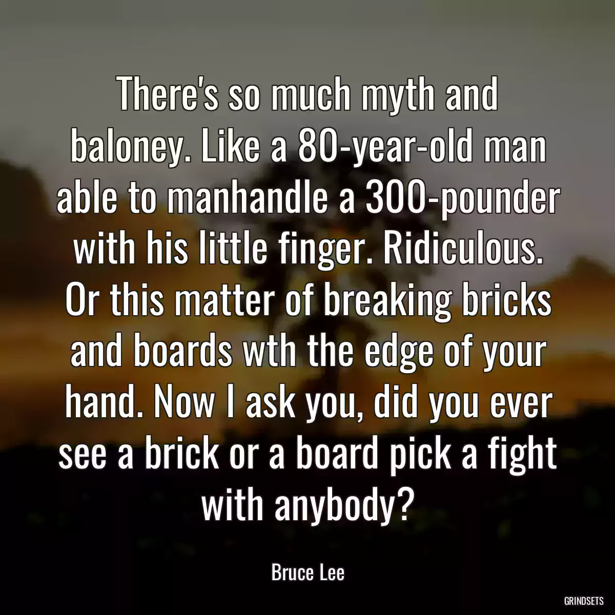 There\'s so much myth and baloney. Like a 80-year-old man able to manhandle a 300-pounder with his little finger. Ridiculous. Or this matter of breaking bricks and boards wth the edge of your hand. Now I ask you, did you ever see a brick or a board pick a fight with anybody?