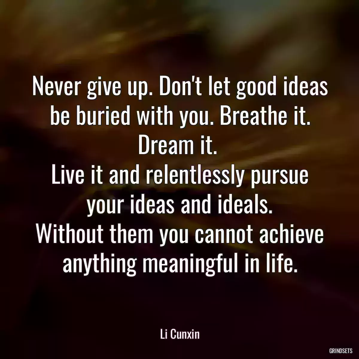 Never give up. Don\'t let good ideas be buried with you. Breathe it. Dream it. 
Live it and relentlessly pursue your ideas and ideals.
Without them you cannot achieve anything meaningful in life.