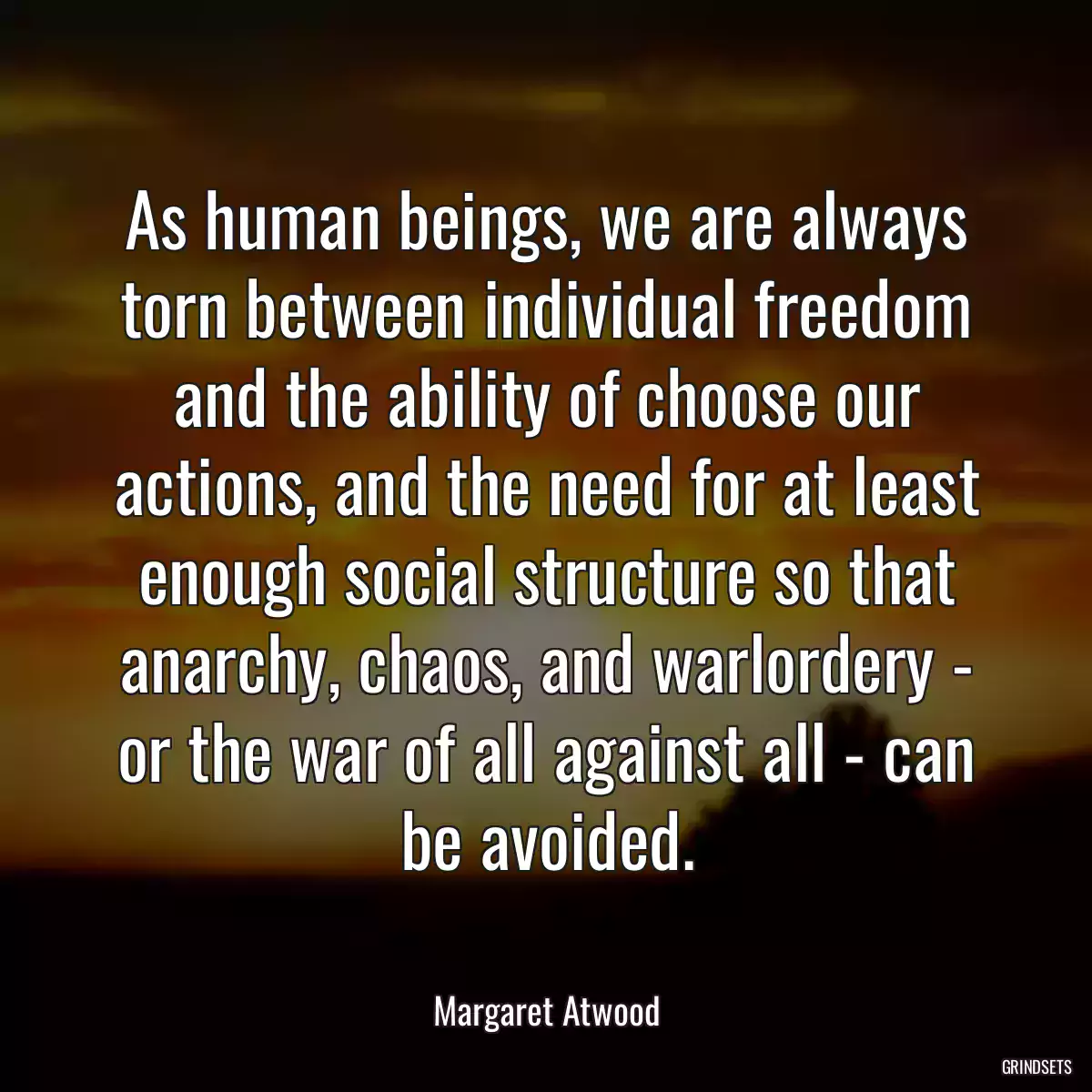 As human beings, we are always torn between individual freedom and the ability of choose our actions, and the need for at least enough social structure so that anarchy, chaos, and warlordery - or the war of all against all - can be avoided.