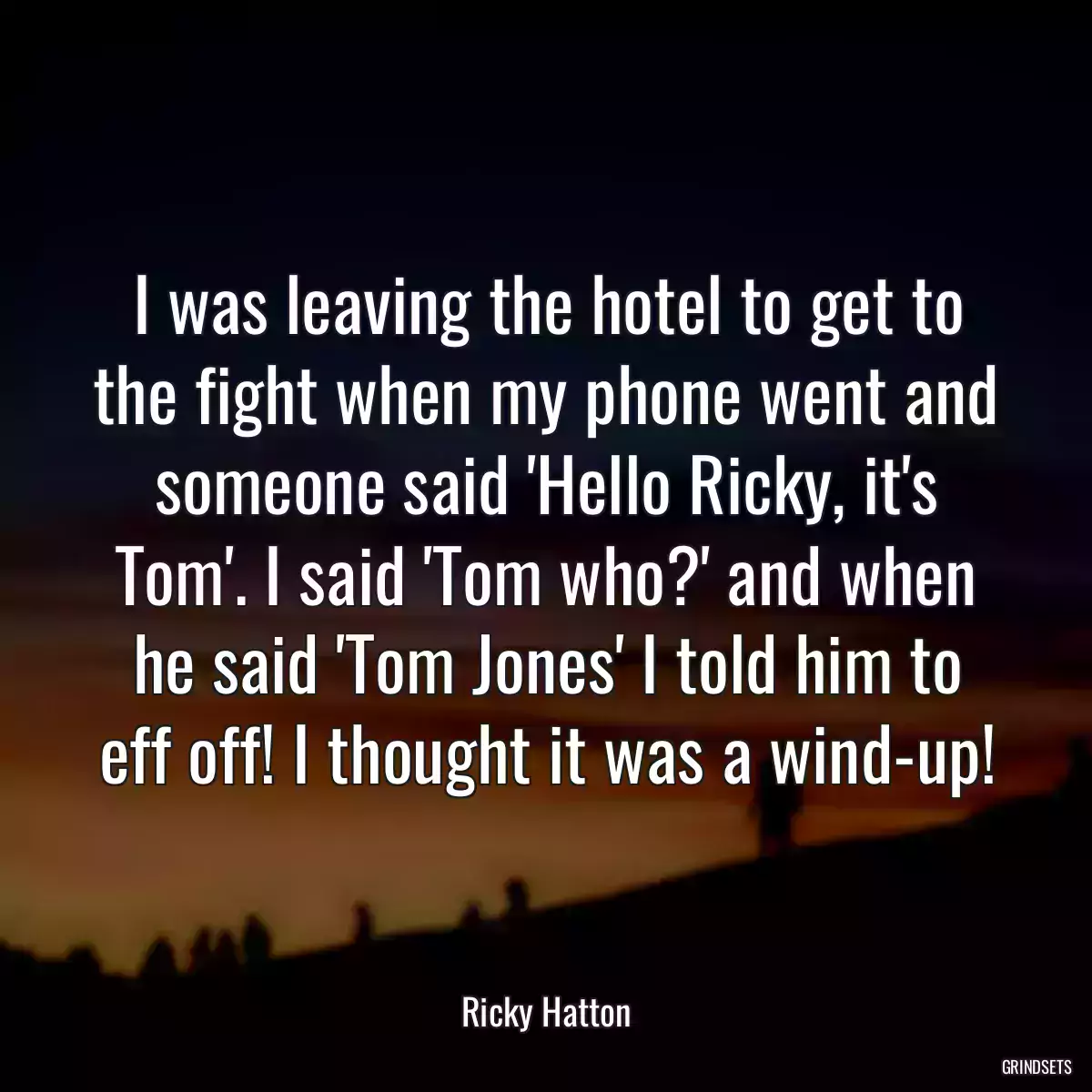 I was leaving the hotel to get to the fight when my phone went and someone said \'Hello Ricky, it\'s Tom\'. I said \'Tom who?\' and when he said \'Tom Jones\' I told him to eff off! I thought it was a wind-up!