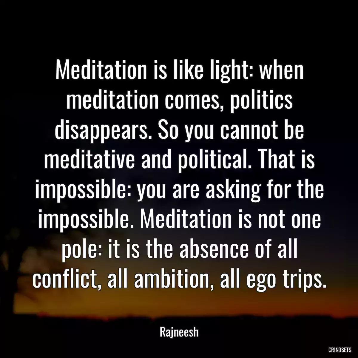 Meditation is like light: when meditation comes, politics disappears. So you cannot be meditative and political. That is impossible: you are asking for the impossible. Meditation is not one pole: it is the absence of all conflict, all ambition, all ego trips.