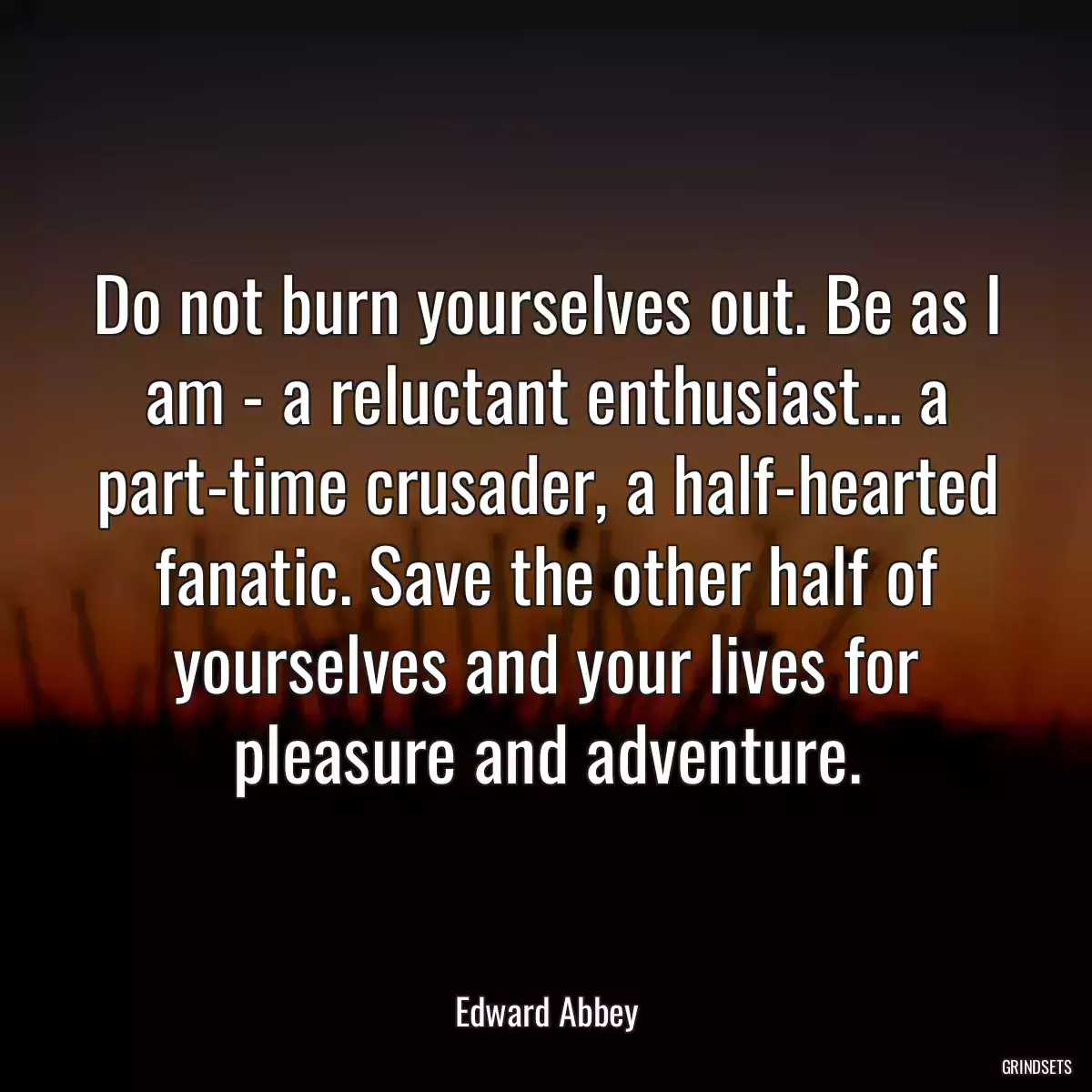 Do not burn yourselves out. Be as I am - a reluctant enthusiast... a part-time crusader, a half-hearted fanatic. Save the other half of yourselves and your lives for pleasure and adventure.