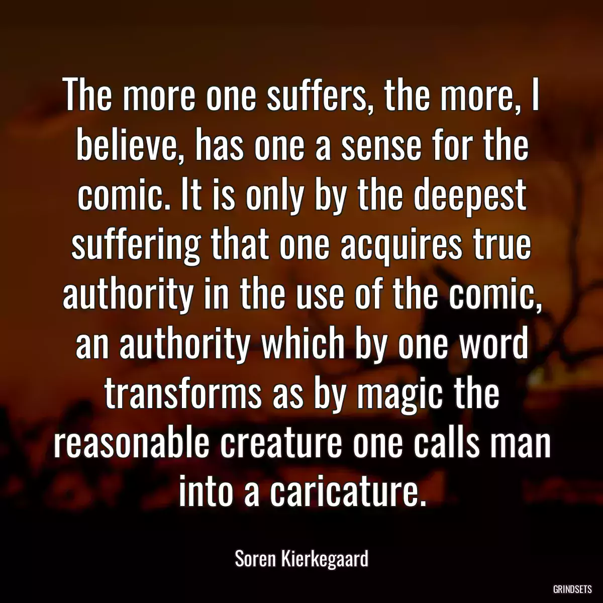 The more one suffers, the more, I believe, has one a sense for the comic. It is only by the deepest suffering that one acquires true authority in the use of the comic, an authority which by one word transforms as by magic the reasonable creature one calls man into a caricature.