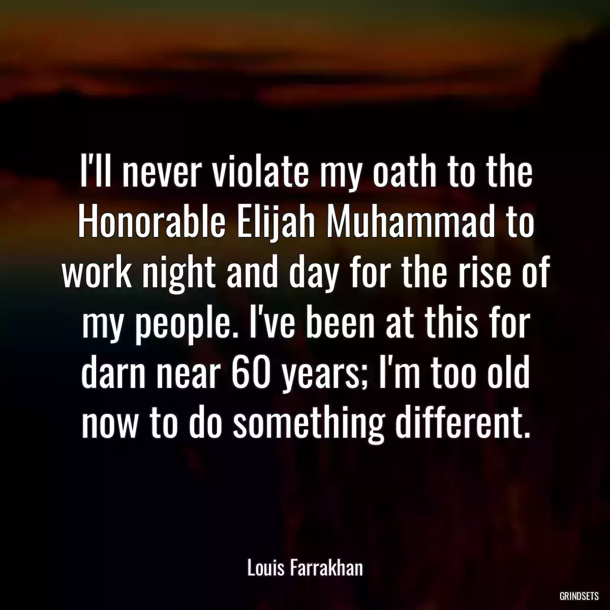 I\'ll never violate my oath to the Honorable Elijah Muhammad to work night and day for the rise of my people. I\'ve been at this for darn near 60 years; I\'m too old now to do something different.