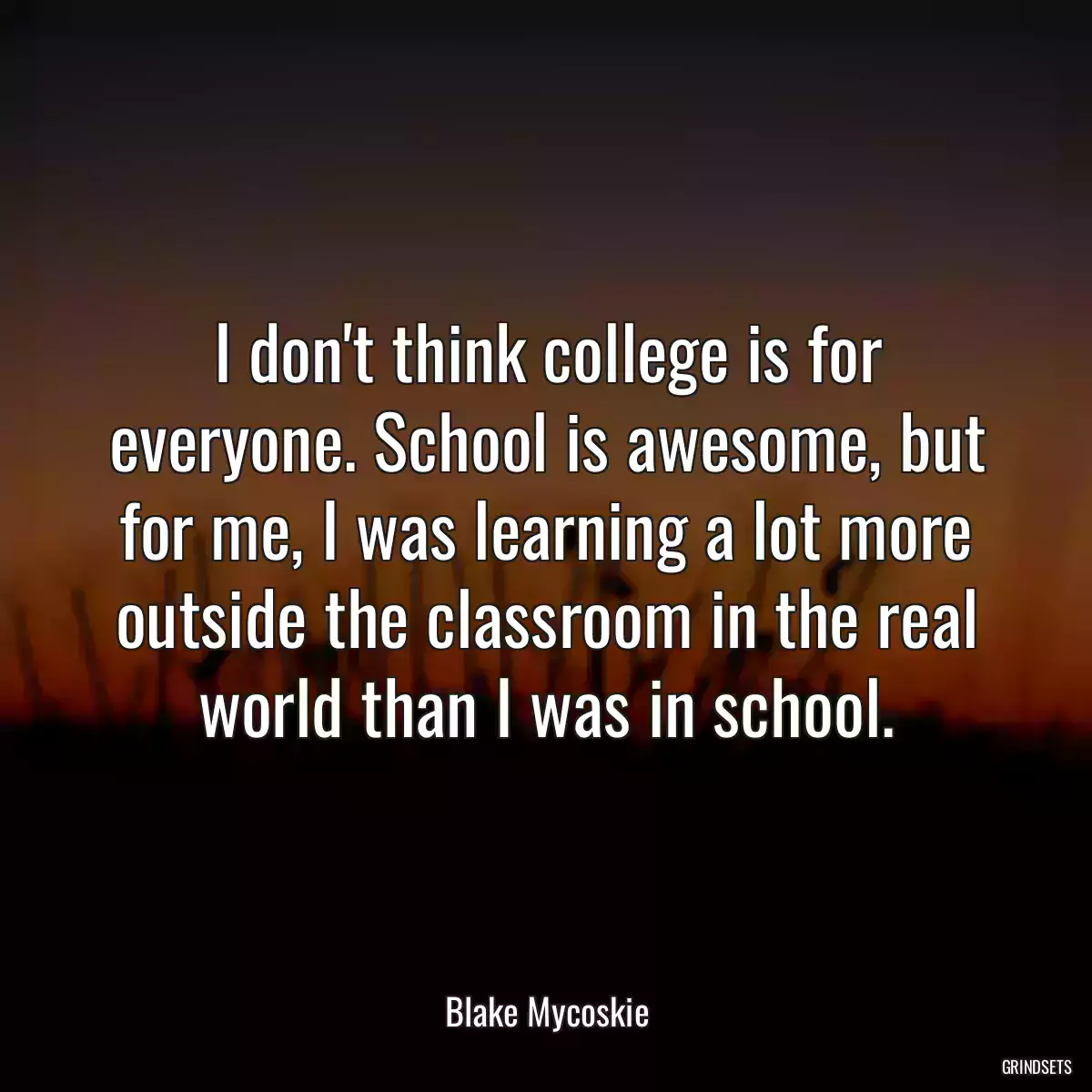 I don\'t think college is for everyone. School is awesome, but for me, I was learning a lot more outside the classroom in the real world than I was in school.