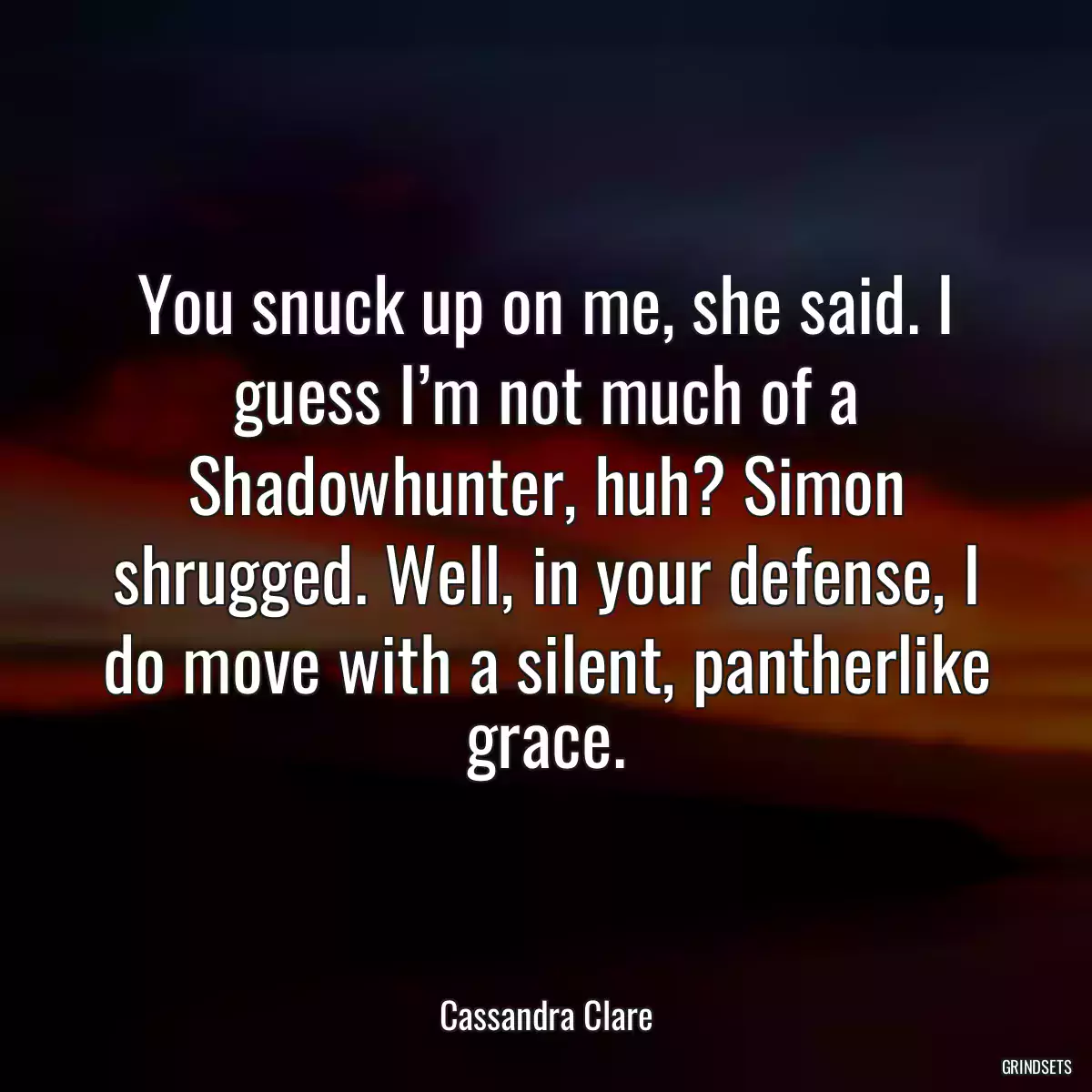 You snuck up on me, she said. I guess I’m not much of a Shadowhunter, huh? Simon shrugged. Well, in your defense, I do move with a silent, pantherlike grace.