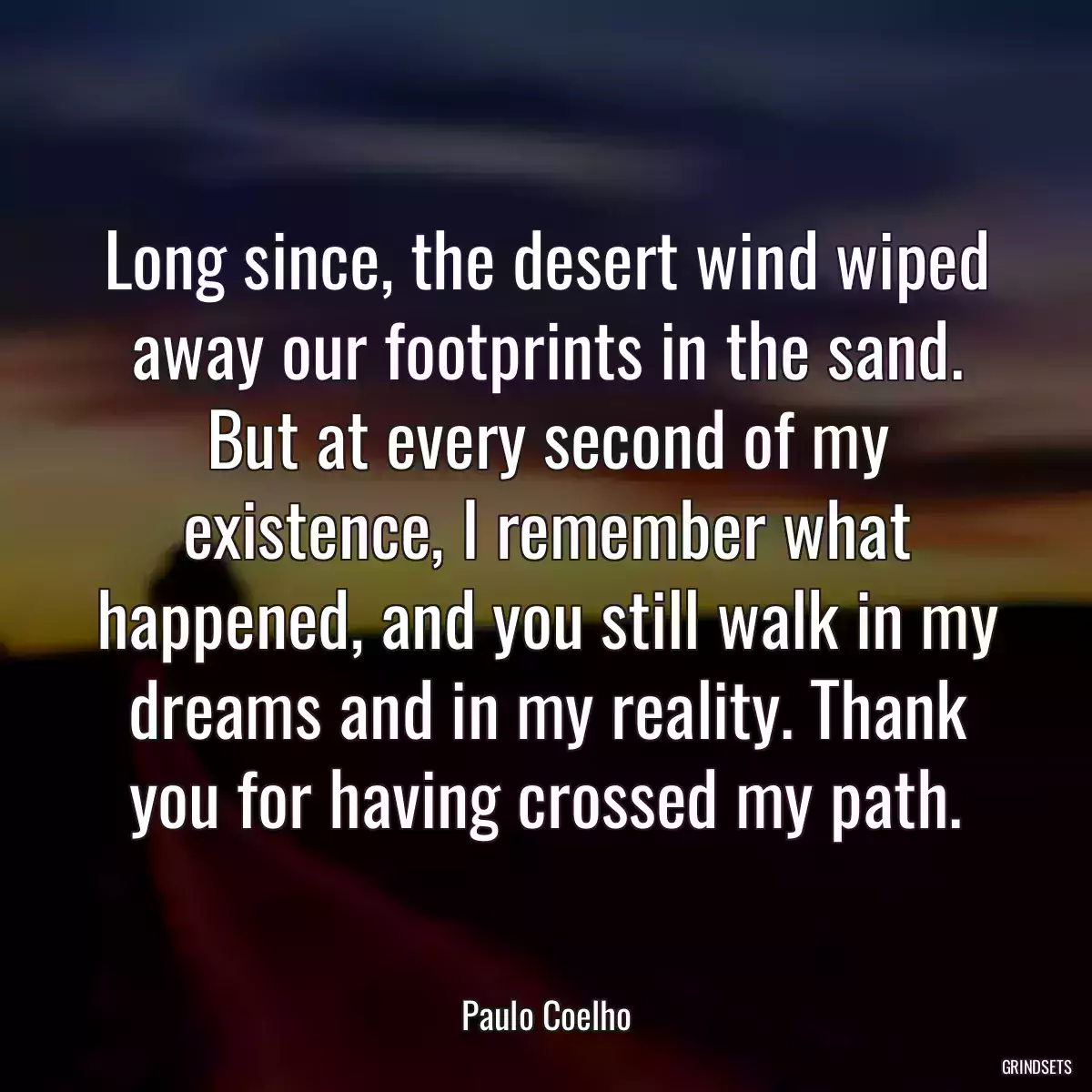 Long since, the desert wind wiped away our footprints in the sand. But at every second of my existence, I remember what happened, and you still walk in my dreams and in my reality. Thank you for having crossed my path.