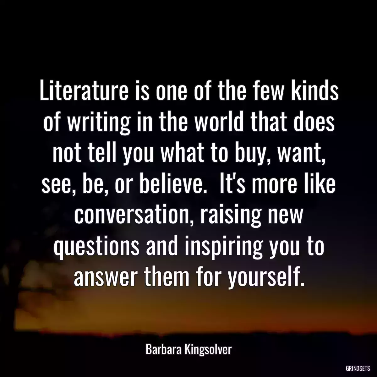 Literature is one of the few kinds of writing in the world that does not tell you what to buy, want, see, be, or believe.  It\'s more like conversation, raising new questions and inspiring you to answer them for yourself.