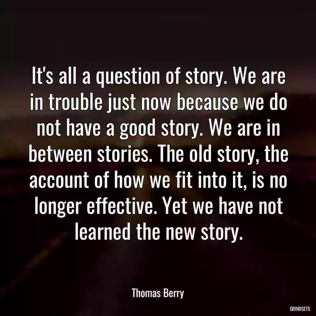 It\'s all a question of story. We are in trouble just now because we do not have a good story. We are in between stories. The old story, the account of how we fit into it, is no longer effective. Yet we have not learned the new story.