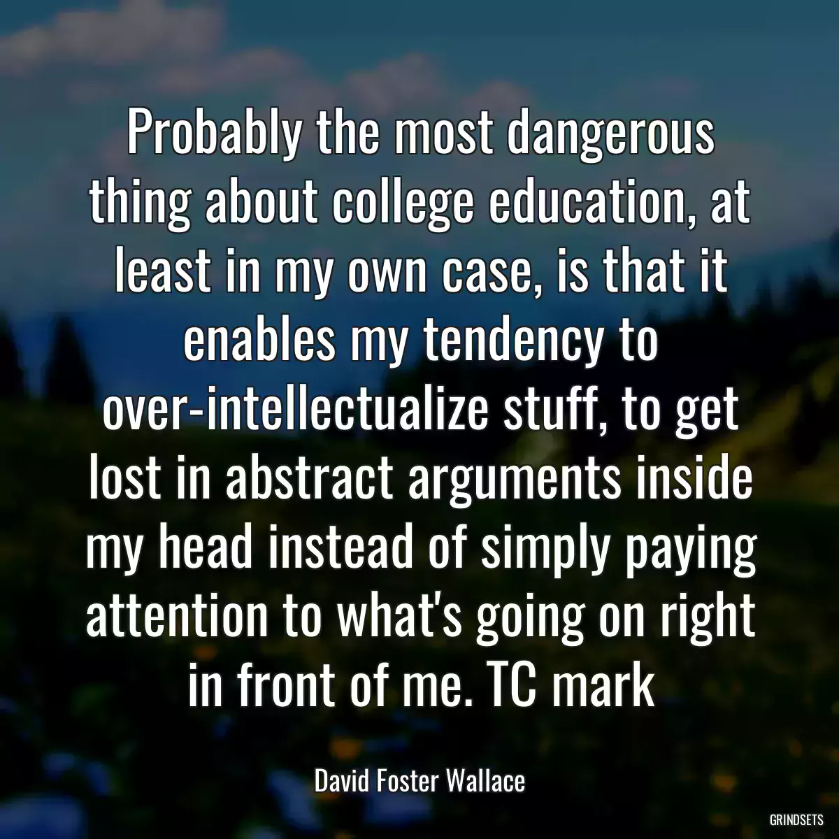 Probably the most dangerous thing about college education, at least in my own case, is that it enables my tendency to over-intellectualize stuff, to get lost in abstract arguments inside my head instead of simply paying attention to what\'s going on right in front of me. TC mark