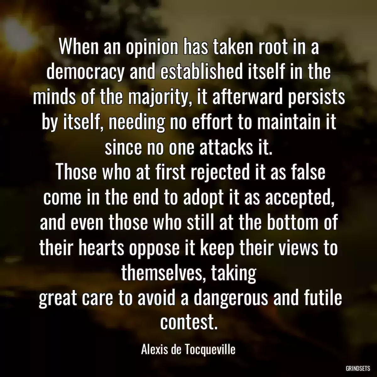 When an opinion has taken root in a democracy and established itself in the minds of the majority, it afterward persists by itself, needing no effort to maintain it since no one attacks it.
 Those who at first rejected it as false come in the end to adopt it as accepted, and even those who still at the bottom of their hearts oppose it keep their views to themselves, taking
 great care to avoid a dangerous and futile contest.