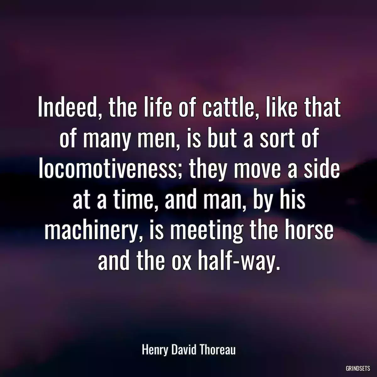 Indeed, the life of cattle, like that of many men, is but a sort of locomotiveness; they move a side at a time, and man, by his machinery, is meeting the horse and the ox half-way.