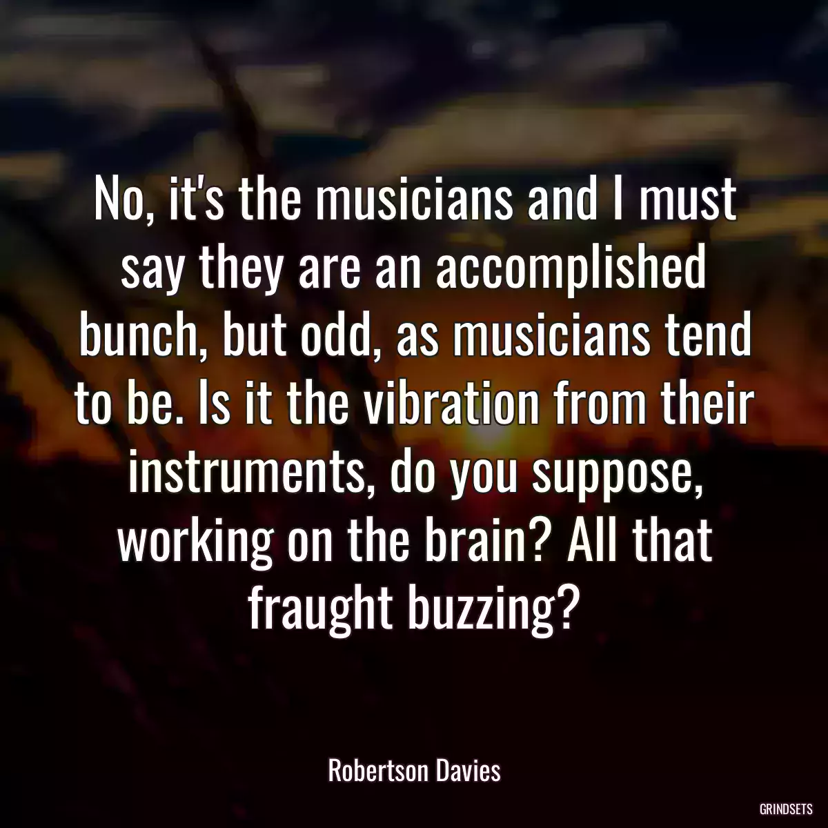 No, it\'s the musicians and I must say they are an accomplished bunch, but odd, as musicians tend to be. Is it the vibration from their instruments, do you suppose, working on the brain? All that fraught buzzing?