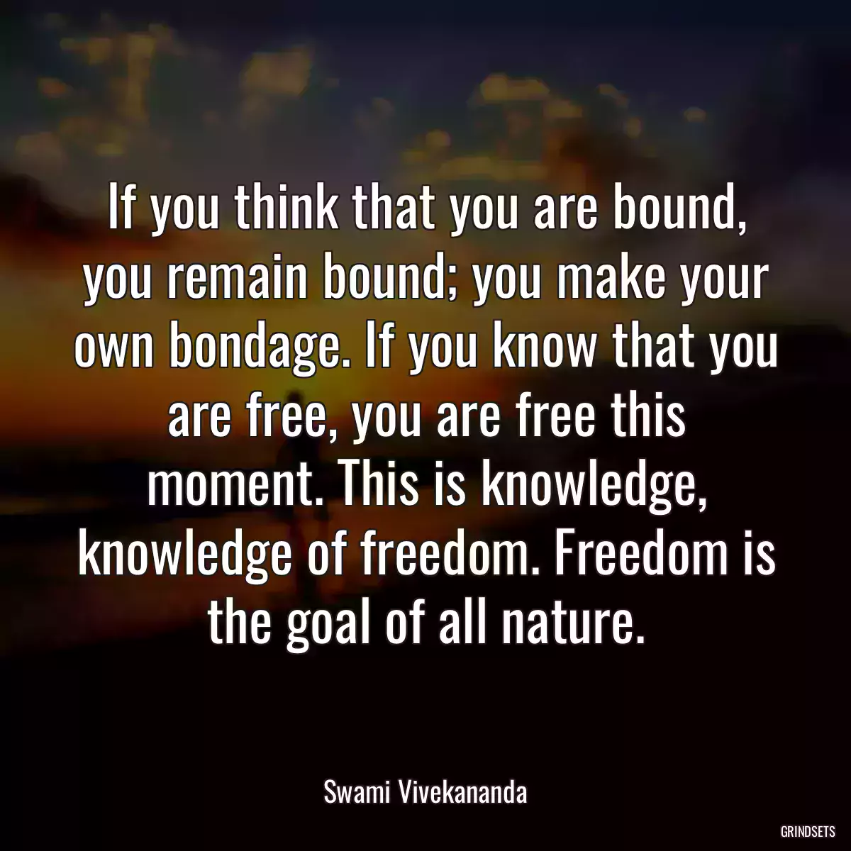 If you think that you are bound, you remain bound; you make your own bondage. If you know that you are free, you are free this moment. This is knowledge, knowledge of freedom. Freedom is the goal of all nature.