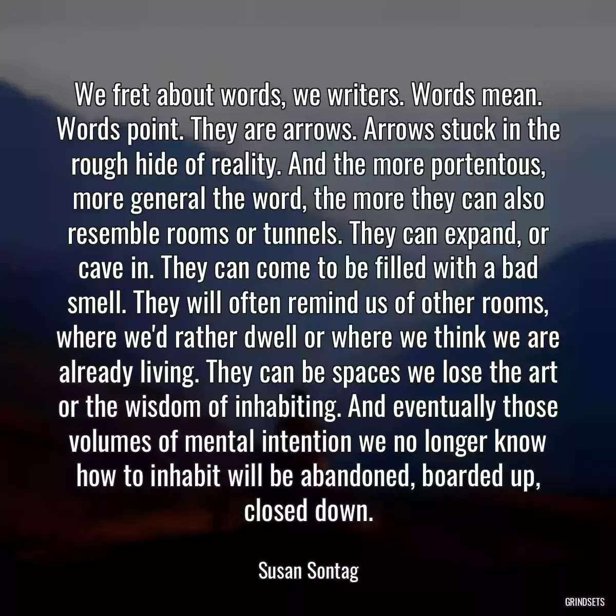 We fret about words, we writers. Words mean. Words point. They are arrows. Arrows stuck in the rough hide of reality. And the more portentous, more general the word, the more they can also resemble rooms or tunnels. They can expand, or cave in. They can come to be filled with a bad smell. They will often remind us of other rooms, where we\'d rather dwell or where we think we are already living. They can be spaces we lose the art or the wisdom of inhabiting. And eventually those volumes of mental intention we no longer know how to inhabit will be abandoned, boarded up, closed down.