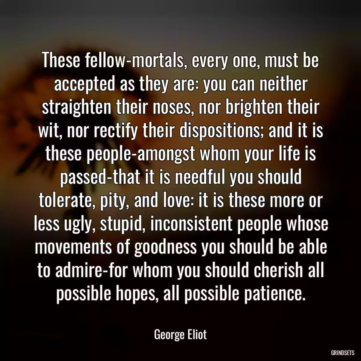 These fellow-mortals, every one, must be accepted as they are: you can neither straighten their noses, nor brighten their wit, nor rectify their dispositions; and it is these people-amongst whom your life is passed-that it is needful you should tolerate, pity, and love: it is these more or less ugly, stupid, inconsistent people whose movements of goodness you should be able to admire-for whom you should cherish all possible hopes, all possible patience.