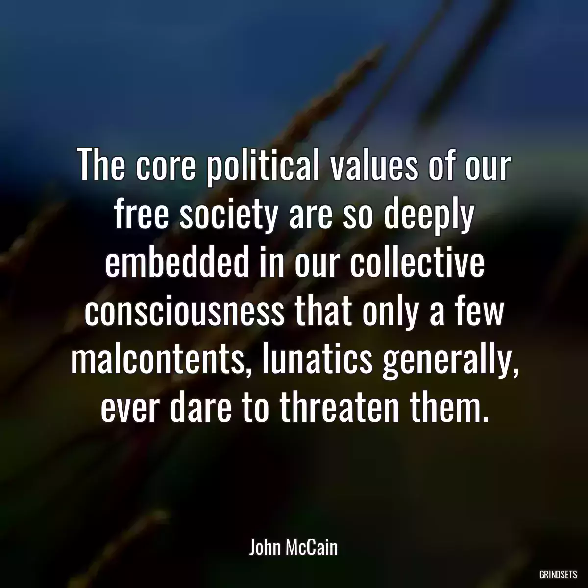 The core political values of our free society are so deeply embedded in our collective consciousness that only a few malcontents, lunatics generally, ever dare to threaten them.