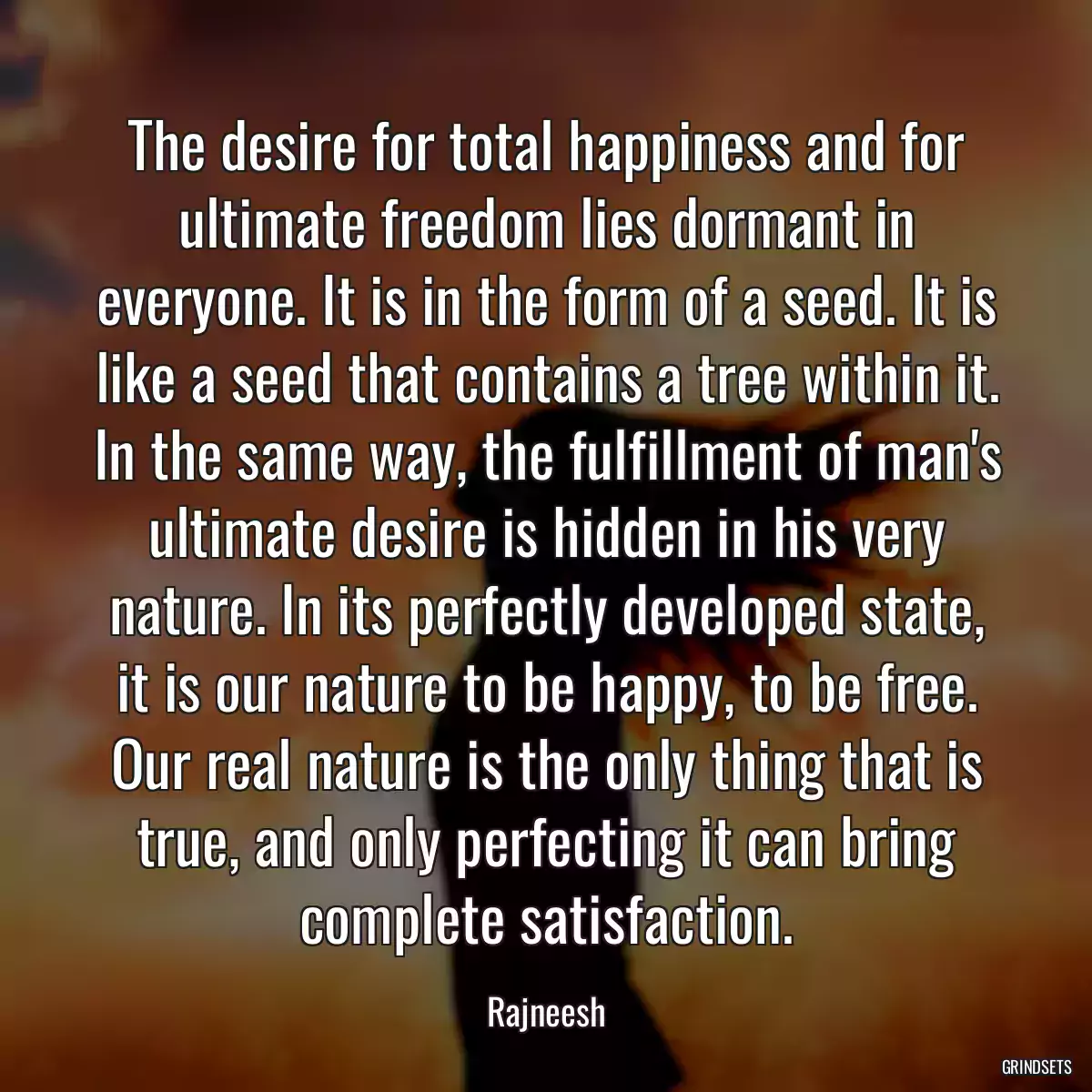 The desire for total happiness and for ultimate freedom lies dormant in everyone. It is in the form of a seed. It is like a seed that contains a tree within it. In the same way, the fulfillment of man\'s ultimate desire is hidden in his very nature. In its perfectly developed state, it is our nature to be happy, to be free. Our real nature is the only thing that is true, and only perfecting it can bring complete satisfaction.