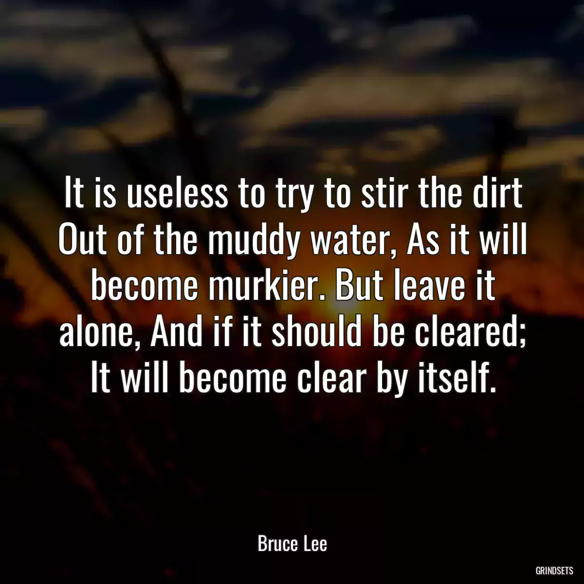 It is useless to try to stir the dirt Out of the muddy water, As it will become murkier. But leave it alone, And if it should be cleared; It will become clear by itself.