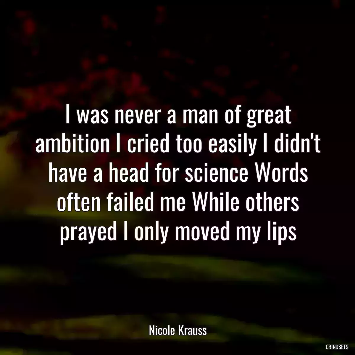 I was never a man of great ambition I cried too easily I didn\'t have a head for science Words often failed me While others prayed I only moved my lips