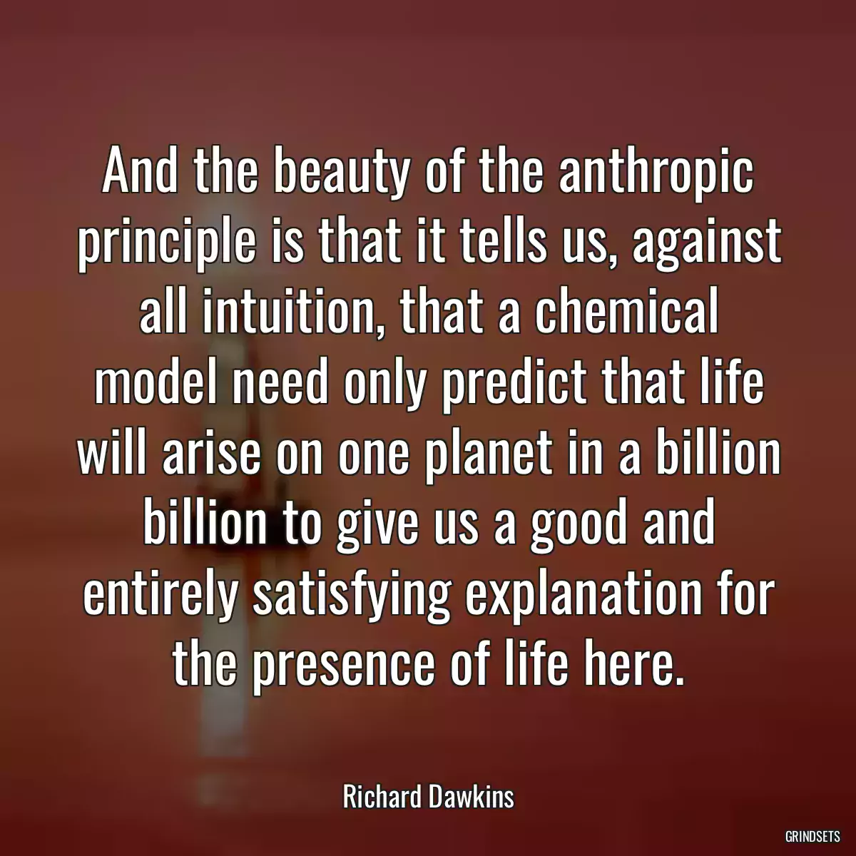 And the beauty of the anthropic principle is that it tells us, against all intuition, that a chemical model need only predict that life will arise on one planet in a billion billion to give us a good and entirely satisfying explanation for the presence of life here.