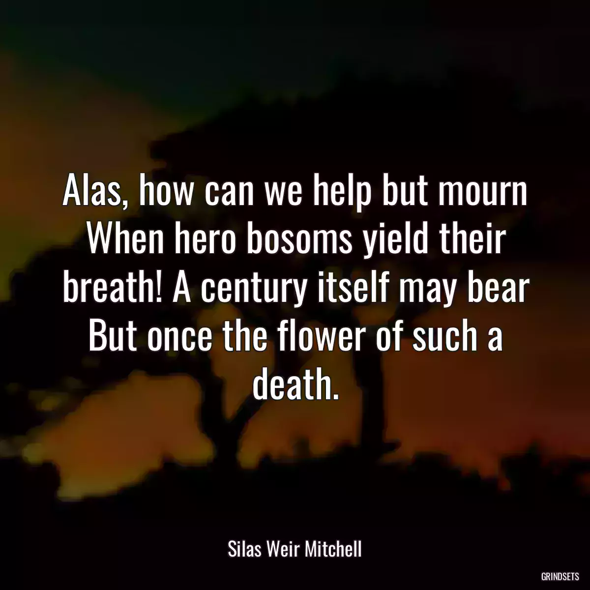 Alas, how can we help but mourn When hero bosoms yield their breath! A century itself may bear But once the flower of such a death.