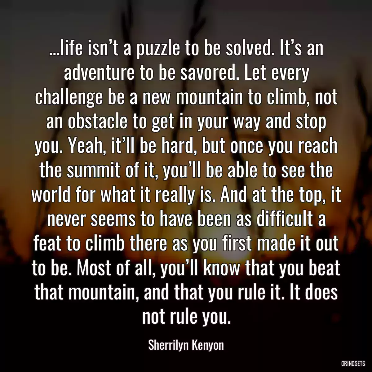 …life isn’t a puzzle to be solved. It’s an adventure to be savored. Let every challenge be a new mountain to climb, not an obstacle to get in your way and stop you. Yeah, it’ll be hard, but once you reach the summit of it, you’ll be able to see the world for what it really is. And at the top, it never seems to have been as difficult a feat to climb there as you first made it out to be. Most of all, you’ll know that you beat that mountain, and that you rule it. It does not rule you.